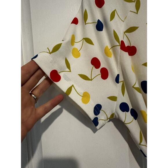 ModCloth Cherry 🍒 Print Retro Swing Dress Size Large White Colorful Belted - Picture 3 of 15